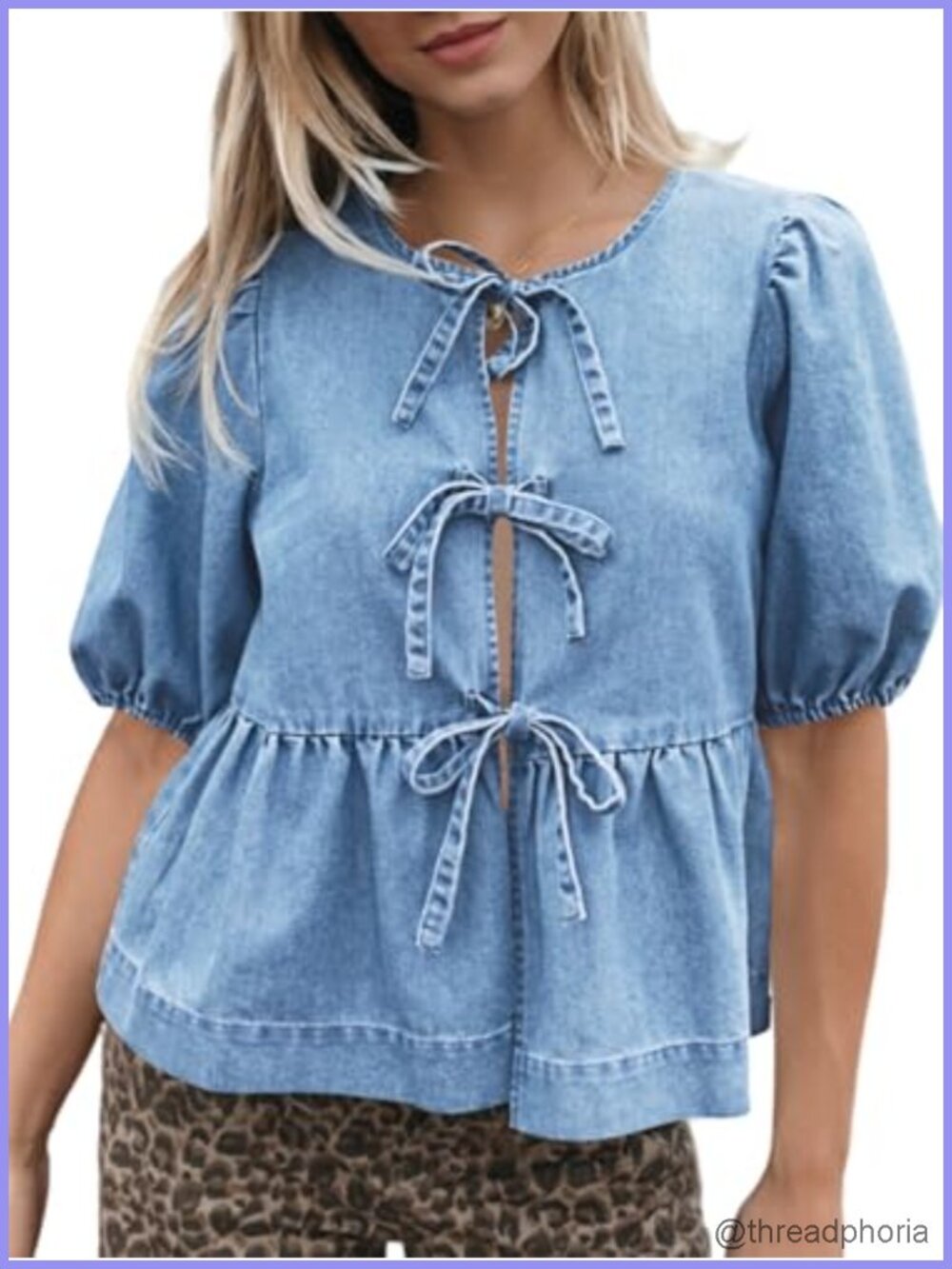 Denim Babydoll Peplum Blouse Puff Sleeve Tie Front Women - Picture 2 of 6
